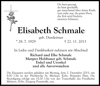 Anzeige von Elisabeth Schmale von Kölner Stadt-Anzeiger / Kölnische Rundschau / Express
