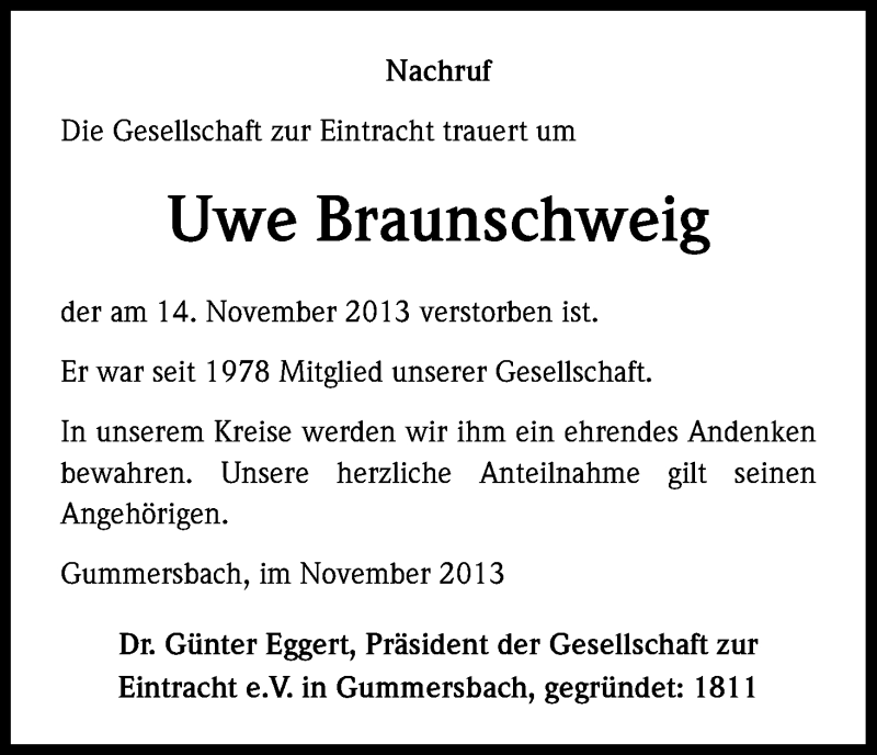  Traueranzeige für Uwe Braunschweig vom 27.11.2013 aus Kölner Stadt-Anzeiger / Kölnische Rundschau / Express