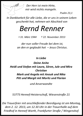 Anzeige von Bernd Renner von Kölner Stadt-Anzeiger / Kölnische Rundschau / Express
