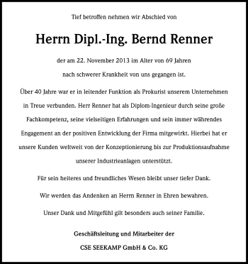 Anzeige von Bernd Renner von Kölner Stadt-Anzeiger / Kölnische Rundschau / Express