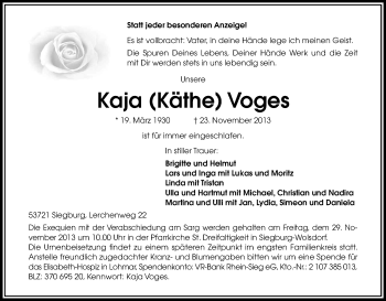 Anzeige von Käthe Voges von Kölner Stadt-Anzeiger / Kölnische Rundschau / Express