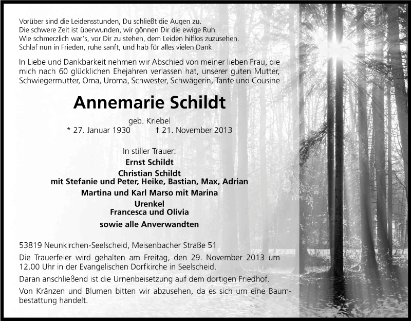  Traueranzeige für Annemarie Schildt vom 27.11.2013 aus Kölner Stadt-Anzeiger / Kölnische Rundschau / Express