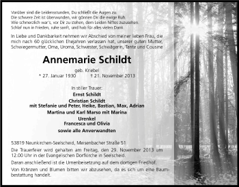 Anzeige von Annemarie Schildt von Kölner Stadt-Anzeiger / Kölnische Rundschau / Express
