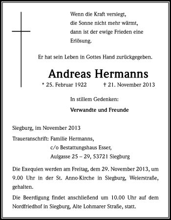 Anzeige von Andreas Hermanns von Kölner Stadt-Anzeiger / Kölnische Rundschau / Express