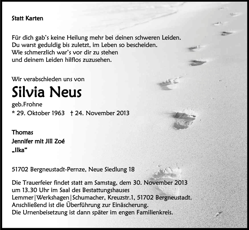  Traueranzeige für Silvia Neus vom 27.11.2013 aus Kölner Stadt-Anzeiger / Kölnische Rundschau / Express