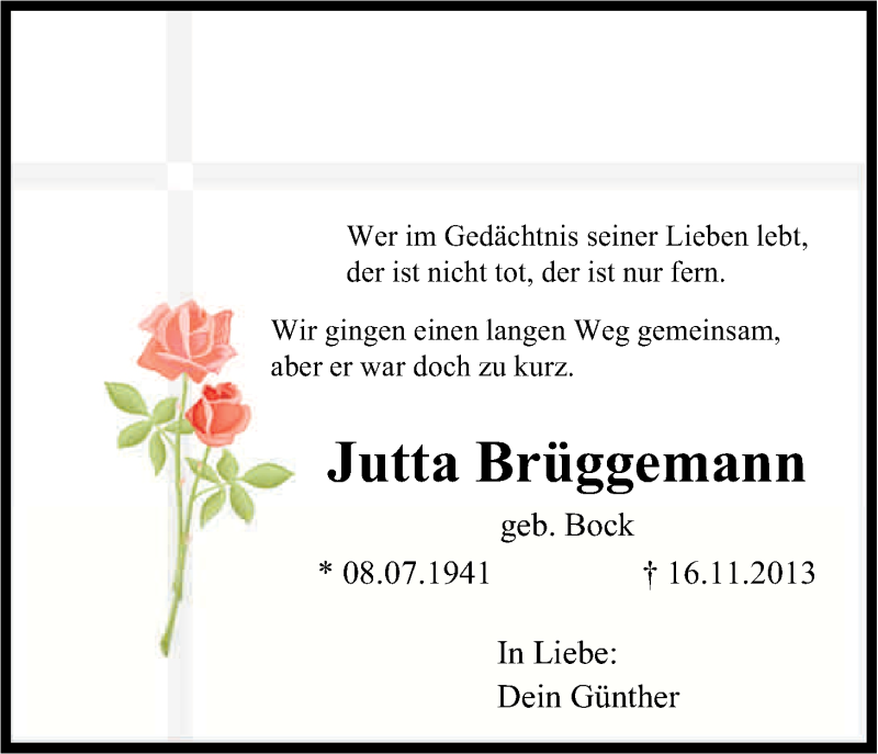  Traueranzeige für Jutta Brueggemann vom 27.11.2013 aus Kölner Stadt-Anzeiger / Kölnische Rundschau / Express