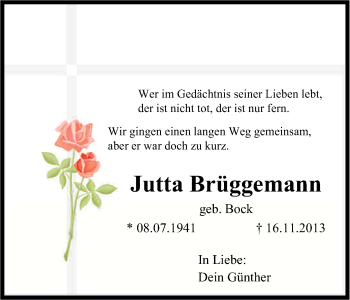 Anzeige von Jutta Brueggemann von Kölner Stadt-Anzeiger / Kölnische Rundschau / Express