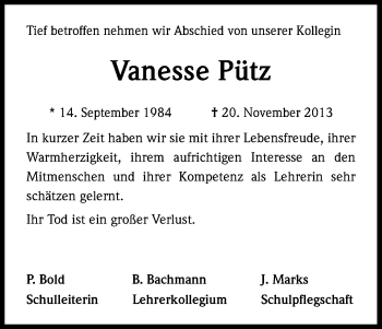 Anzeige von Vanessa Pütz von Kölner Stadt-Anzeiger / Kölnische Rundschau / Express