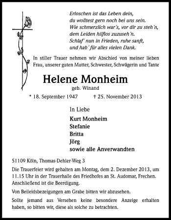 Anzeige von Helene Monheim von Kölner Stadt-Anzeiger / Kölnische Rundschau / Express