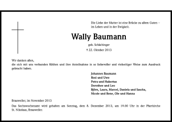 Anzeige von Wally Baumann von Kölner Stadt-Anzeiger / Kölnische Rundschau / Express
