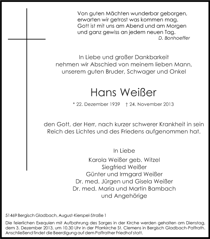  Traueranzeige für Hans Weisser vom 27.11.2013 aus Kölner Stadt-Anzeiger / Kölnische Rundschau / Express
