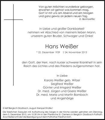 Anzeige von Hans Weisser von Kölner Stadt-Anzeiger / Kölnische Rundschau / Express
