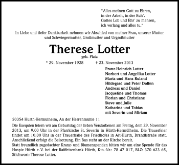 Anzeige von Therese Lotter von Kölner Stadt-Anzeiger / Kölnische Rundschau / Express