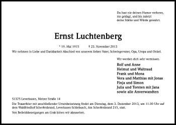 Anzeige von Ernst Luchtenberg von Kölner Stadt-Anzeiger / Kölnische Rundschau / Express