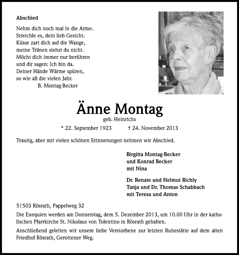  Traueranzeige für Änne Montag vom 29.11.2013 aus Kölner Stadt-Anzeiger / Kölnische Rundschau / Express