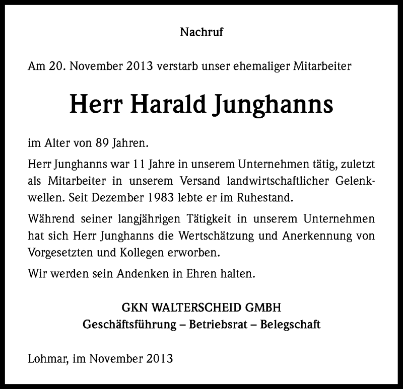  Traueranzeige für Harald Junghanns vom 27.11.2013 aus Kölner Stadt-Anzeiger / Kölnische Rundschau / Express