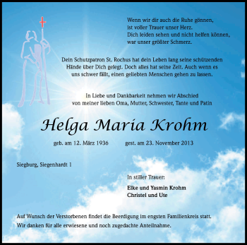 Anzeige von Helga Maria Krohm von Kölner Stadt-Anzeiger / Kölnische Rundschau / Express