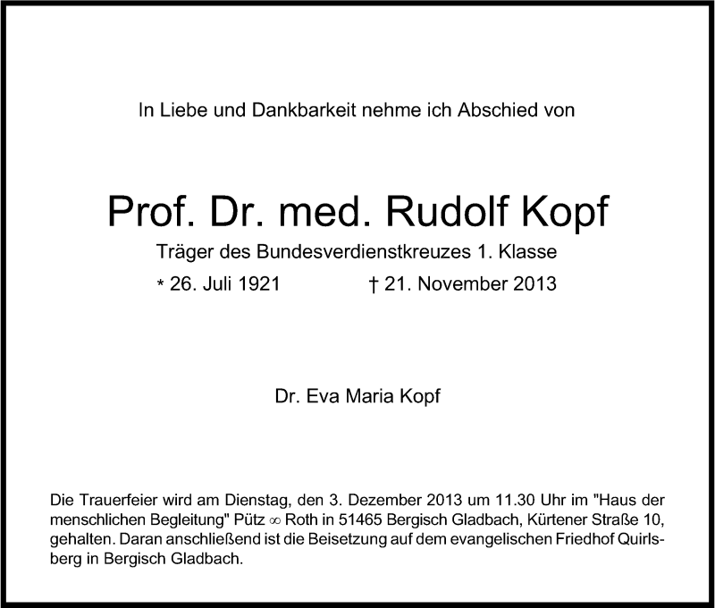  Traueranzeige für Rudolf Kopf vom 27.11.2013 aus Kölner Stadt-Anzeiger / Kölnische Rundschau / Express