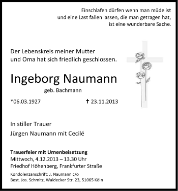 Anzeige von Ingeborg Naumann von Kölner Stadt-Anzeiger / Kölnische Rundschau / Express