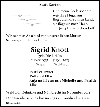 Anzeige von Sigrid Knott von Kölner Stadt-Anzeiger / Kölnische Rundschau / Express