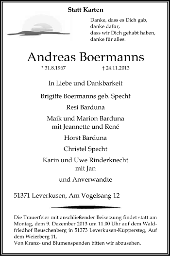 Anzeige von Andreas Boermanns von Kölner Stadt-Anzeiger / Kölnische Rundschau / Express