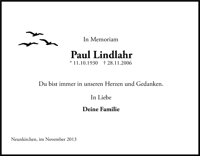  Traueranzeige für Paul Lindlahr vom 28.11.2013 aus Kölner Stadt-Anzeiger / Kölnische Rundschau / Express