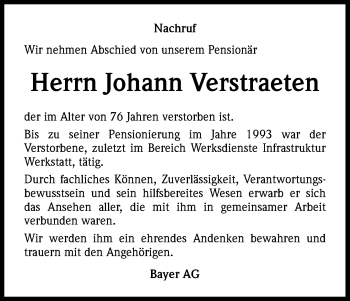 Anzeige von Johann Verstraeten von Kölner Stadt-Anzeiger / Kölnische Rundschau / Express