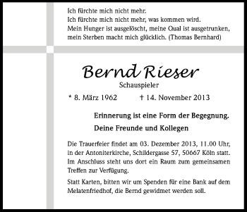 Anzeige von Bernd Rieser von Kölner Stadt-Anzeiger / Kölnische Rundschau / Express