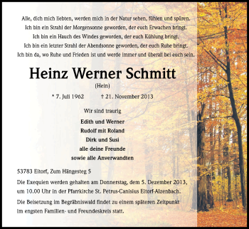 Anzeige von Heinz Werner Schmitt von Kölner Stadt-Anzeiger / Kölnische Rundschau / Express