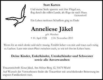 Anzeige von Annelliese Jäkel von Kölner Stadt-Anzeiger / Kölnische Rundschau / Express
