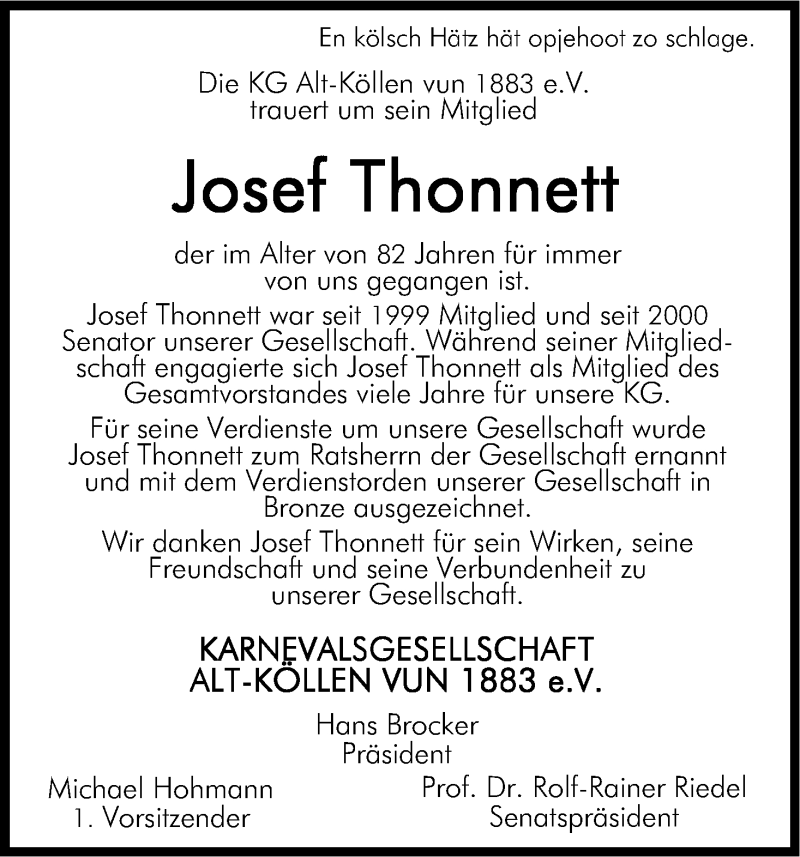  Traueranzeige für Josef Thonnet vom 28.11.2013 aus Kölner Stadt-Anzeiger / Kölnische Rundschau / Express