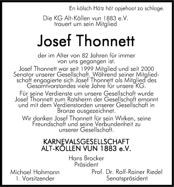 Anzeige von Josef Thonnet von Kölner Stadt-Anzeiger / Kölnische Rundschau / Express