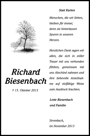 Anzeige von Richard Biesenbach von Kölner Stadt-Anzeiger / Kölnische Rundschau / Express