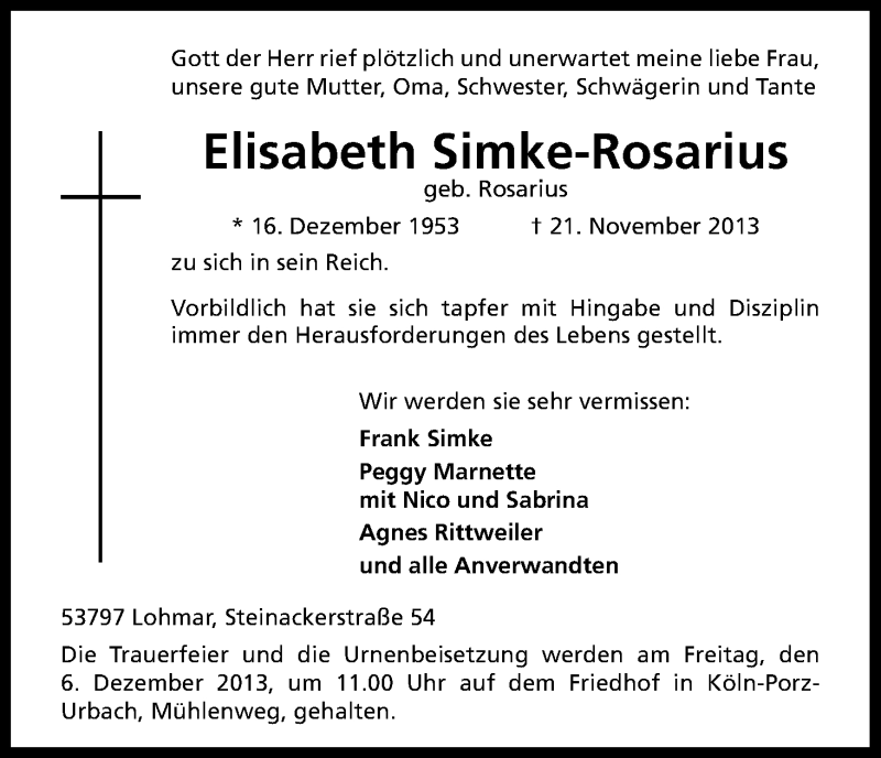  Traueranzeige für Elisabeth Simke-Rosarius vom 30.11.2013 aus Kölner Stadt-Anzeiger / Kölnische Rundschau / Express