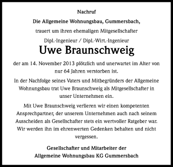 Anzeige von Uwe Braunschweig von Kölner Stadt-Anzeiger / Kölnische Rundschau / Express