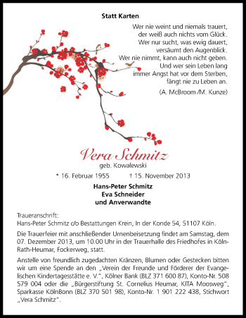 Anzeige von Vera Schmitz von Kölner Stadt-Anzeiger / Kölnische Rundschau / Express