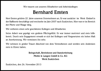 Anzeige von Bernhard Emten von Kölner Stadt-Anzeiger / Kölnische Rundschau / Express