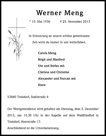 Anzeige von Werner Meng von Kölner Stadt-Anzeiger / Kölnische Rundschau / Express