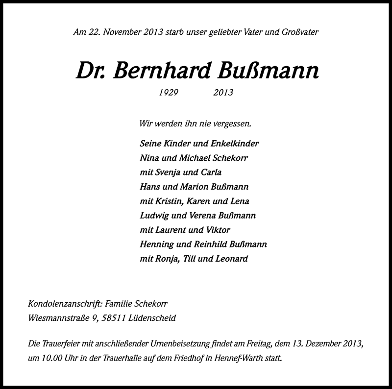  Traueranzeige für Bernhard Bußmann vom 30.11.2013 aus Kölner Stadt-Anzeiger / Kölnische Rundschau / Express