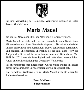 Anzeige von Maria Mauel von Kölner Stadt-Anzeiger / Kölnische Rundschau / Express
