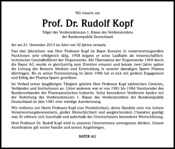 Anzeige von Rudolf Kopf von Kölner Stadt-Anzeiger / Kölnische Rundschau / Express