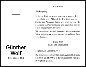 Anzeige von Günther Wolf von Kölner Stadt-Anzeiger / Kölnische Rundschau / Express