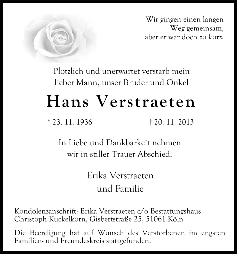  Traueranzeige für Hans Verstraeten vom 30.11.2013 aus Kölner Stadt-Anzeiger / Kölnische Rundschau / Express