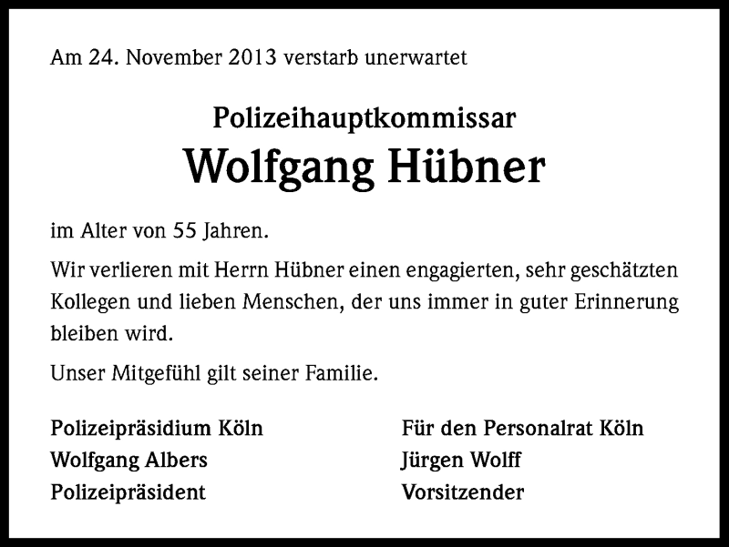  Traueranzeige für Wolfgang Hübner vom 30.11.2013 aus Kölner Stadt-Anzeiger / Kölnische Rundschau / Express