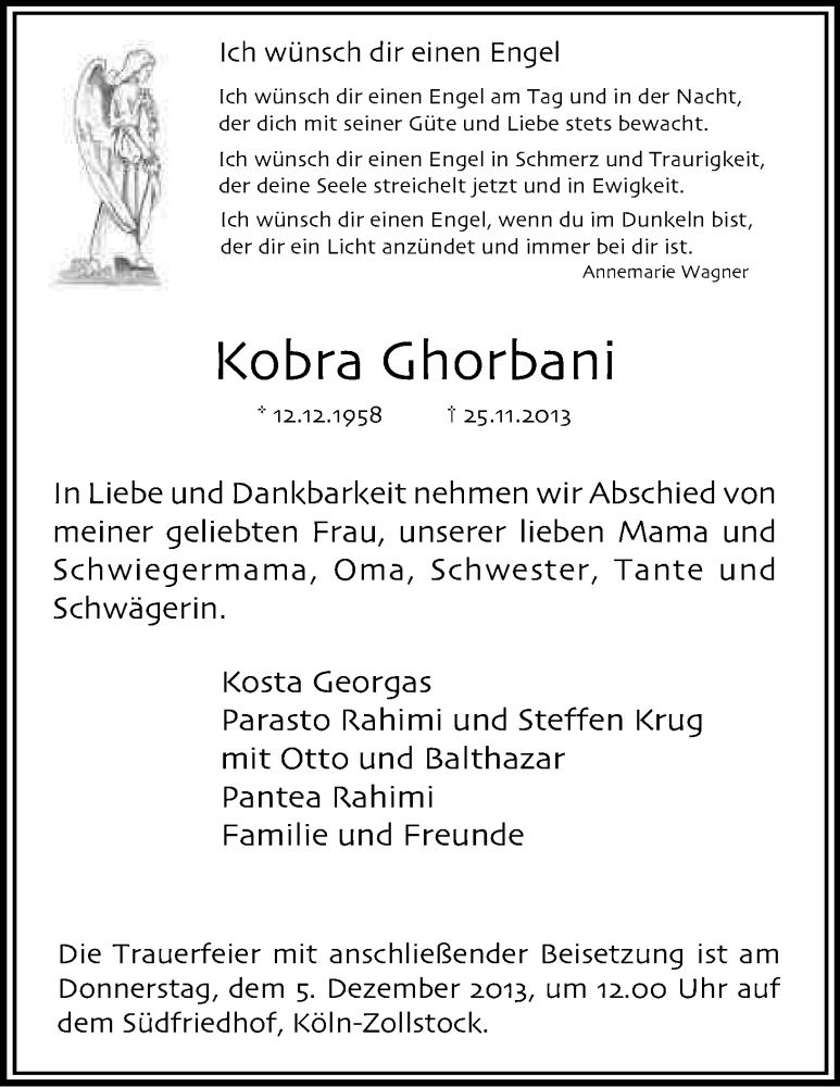  Traueranzeige für Kobra Ghorbani vom 02.12.2013 aus Kölner Stadt-Anzeiger / Kölnische Rundschau / Express