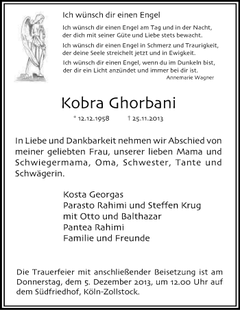 Anzeige von Kobra Ghorbani von Kölner Stadt-Anzeiger / Kölnische Rundschau / Express