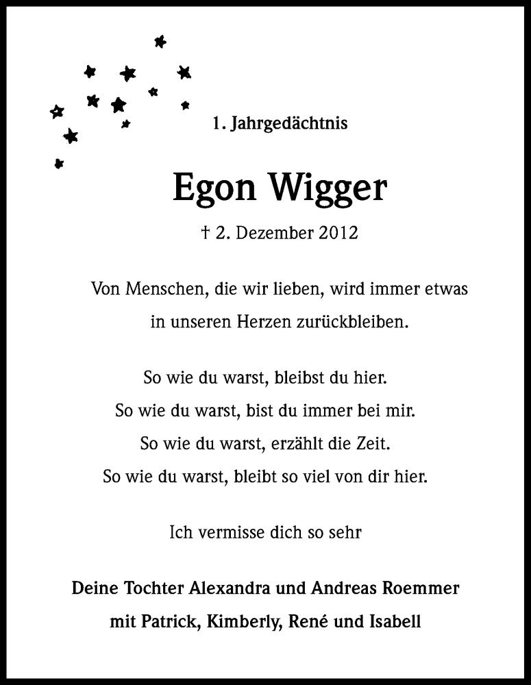  Traueranzeige für Egon Wigger vom 02.12.2013 aus Kölner Stadt-Anzeiger / Kölnische Rundschau / Express