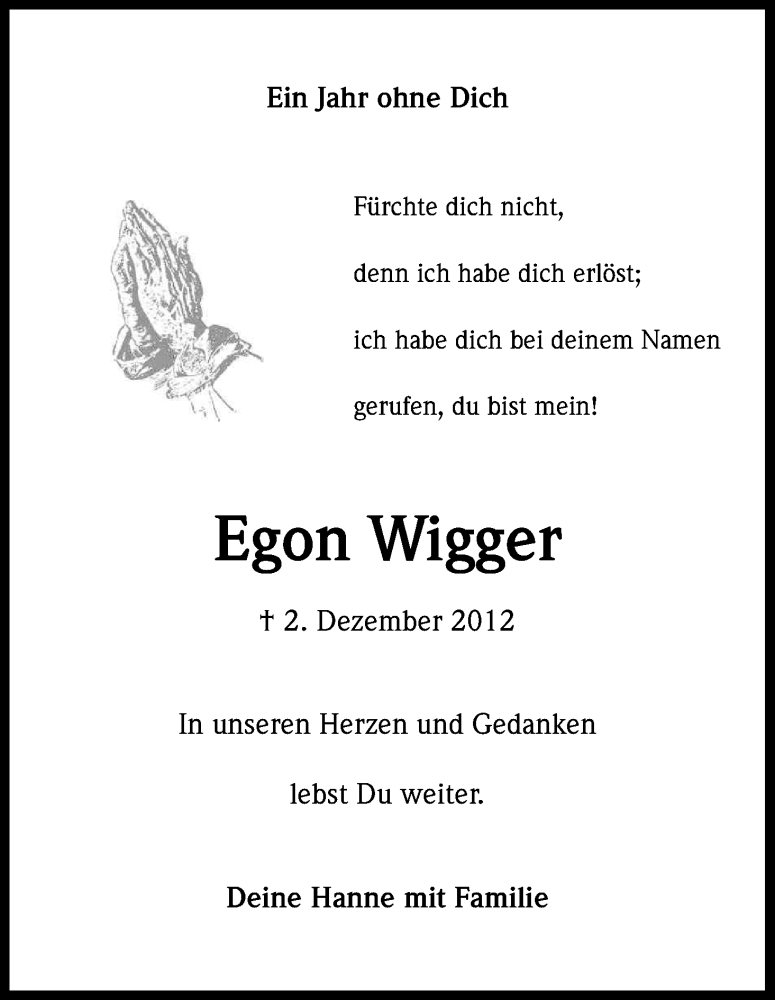  Traueranzeige für Egon Wigger vom 02.12.2013 aus Kölner Stadt-Anzeiger / Kölnische Rundschau / Express