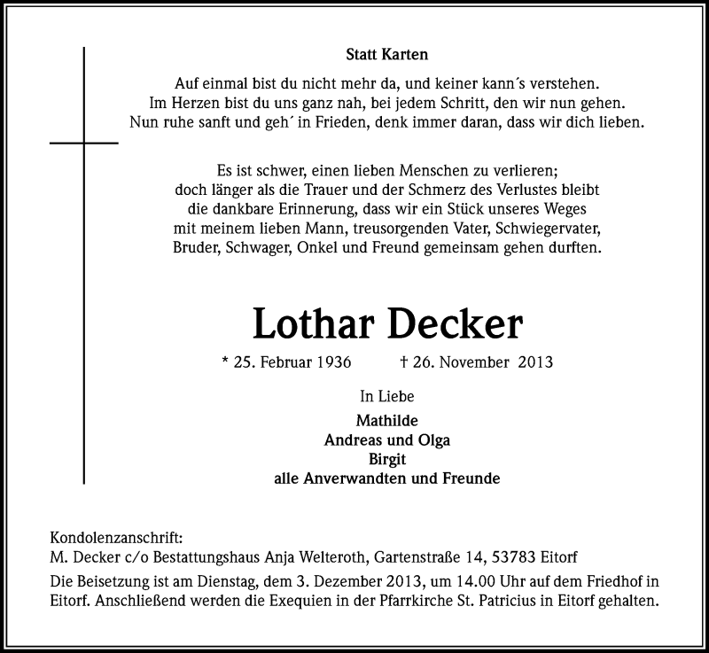  Traueranzeige für Lothar Decker vom 30.11.2013 aus Kölner Stadt-Anzeiger / Kölnische Rundschau / Express
