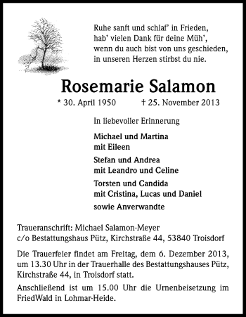 Anzeige von Rosemarie Salamon von Kölner Stadt-Anzeiger / Kölnische Rundschau / Express